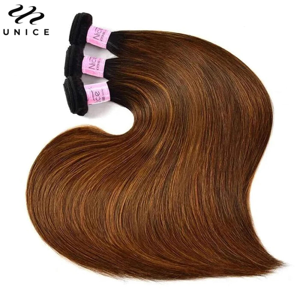 100% Human Hair, Brown Balayage Straight Human Hair 3pc Sew in Bundles