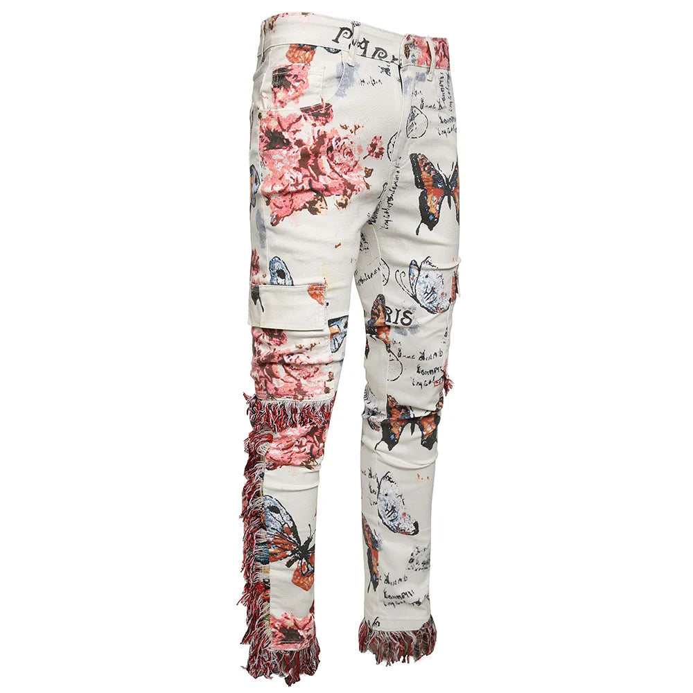 Men Butterfly Floral Print Jeans