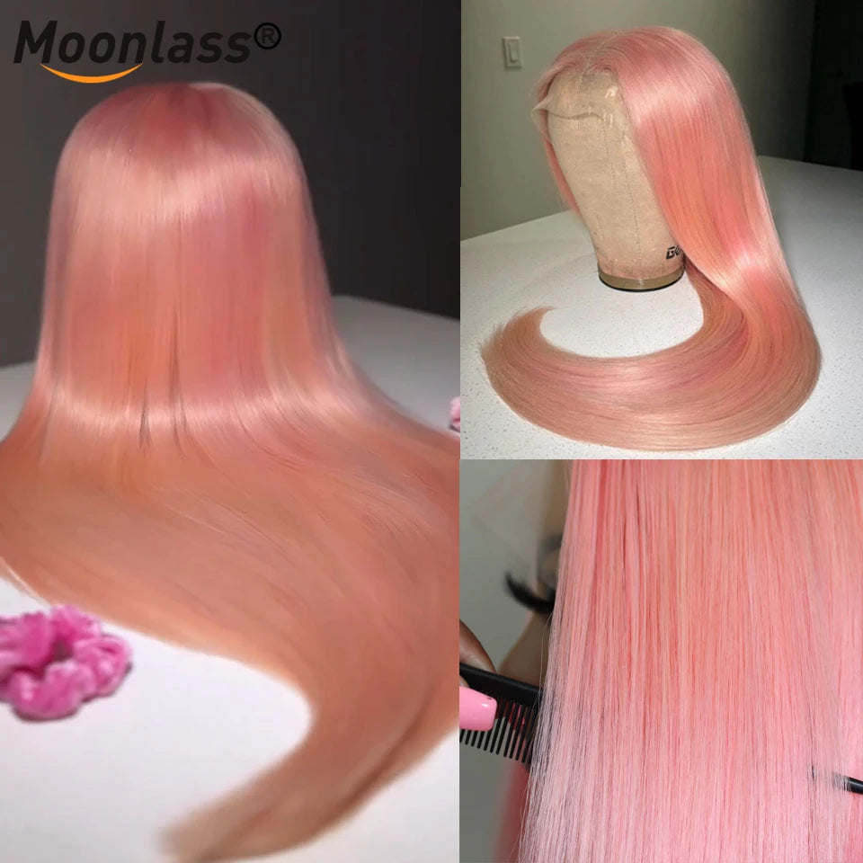 Pink Straight Brazilian Human Hair Lace Front Wig, Pre-Plucked