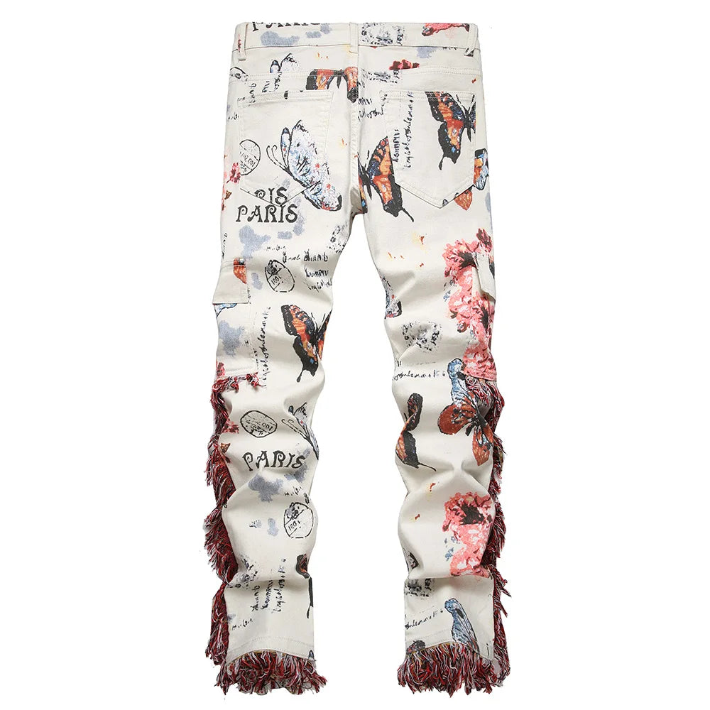 Men Butterfly Floral Print Jeans