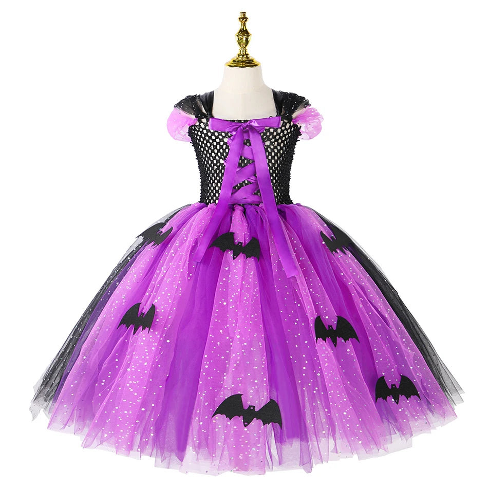 Halloween Girls LED Light Up Witch Costume Bat Tutu Dress Cosplay Carnival Disguise Party Toddler Kids Handmade Ball Gowns Dress