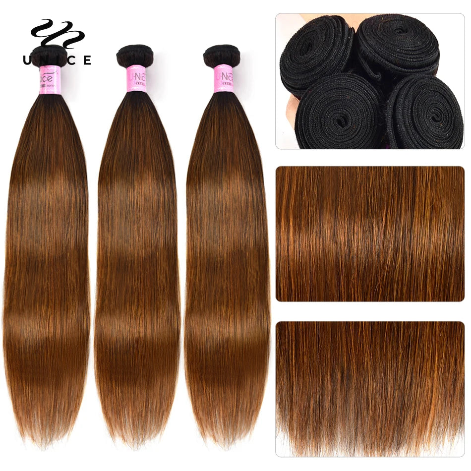 100% Human Hair, Brown Balayage Straight Human Hair 3pc Sew in Bundles