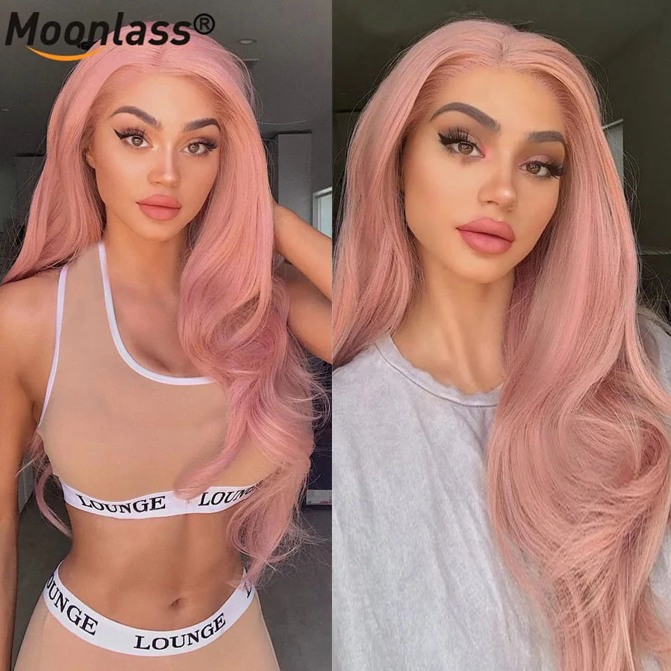 Pink Straight Brazilian Human Hair Lace Front Wig, Pre-Plucked