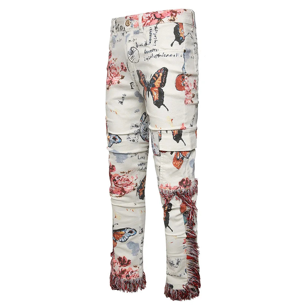 Men Butterfly Floral Print Jeans