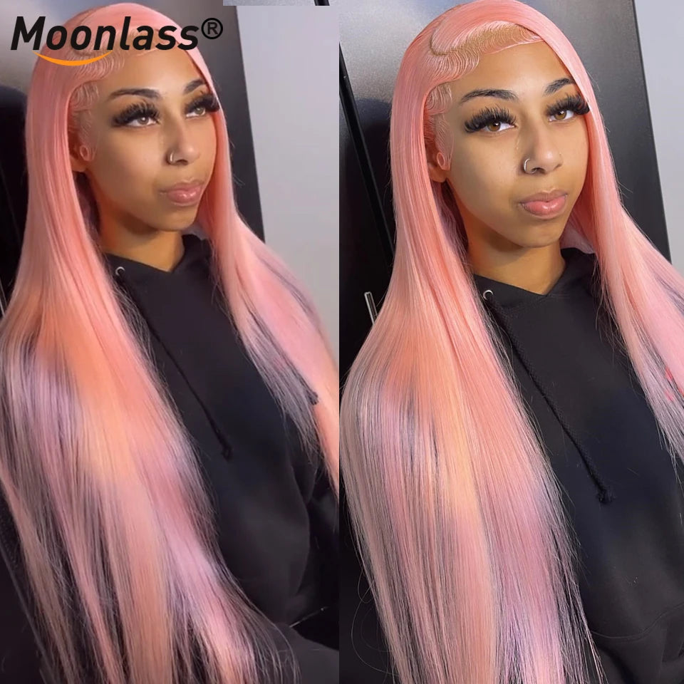 Pink Straight Brazilian Human Hair Lace Front Wig, Pre-Plucked