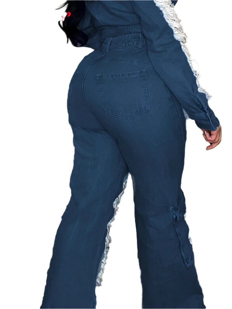 Women‘s Loose Waist Denim Wide Leg Pants