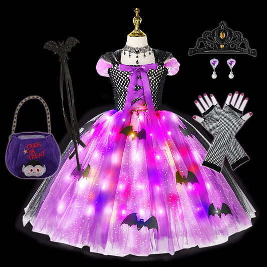 Halloween Girls LED Light Up Witch Costume Bat Tutu Dress Cosplay Carnival Disguise Party Toddler Kids Handmade Ball Gowns Dress