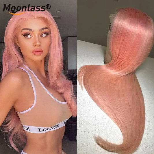 Pink Straight Brazilian Human Hair Lace Front Wig, Pre-Plucked