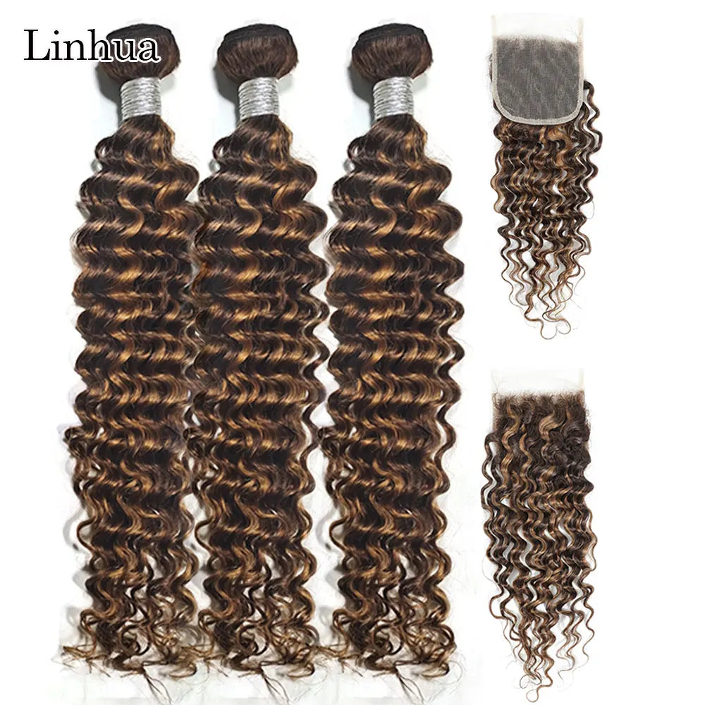 P4/27 Highlight Deep Wave Bundles w/Transparent Closure - Ombre Honey Blonde