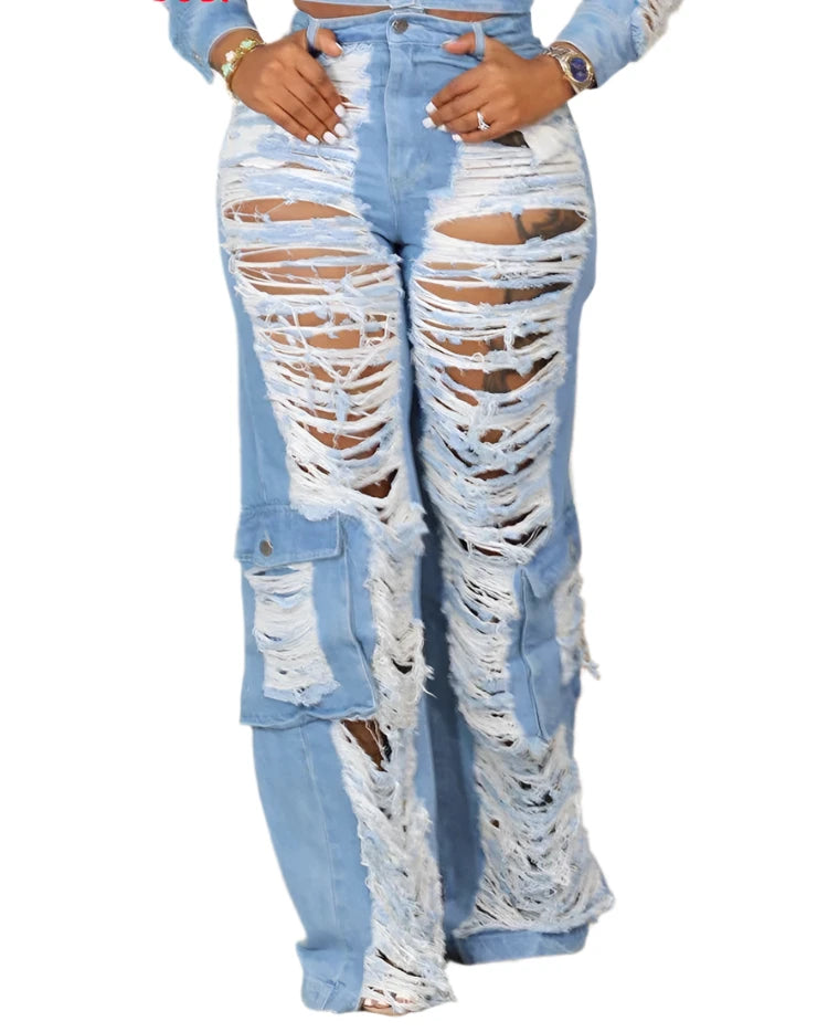 Women‘s Loose Waist Denim Wide Leg Pants