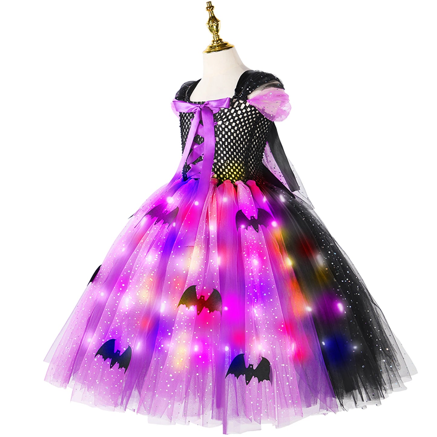 Halloween Girls LED Light Up Witch Costume Bat Tutu Dress Cosplay Carnival Disguise Party Toddler Kids Handmade Ball Gowns Dress