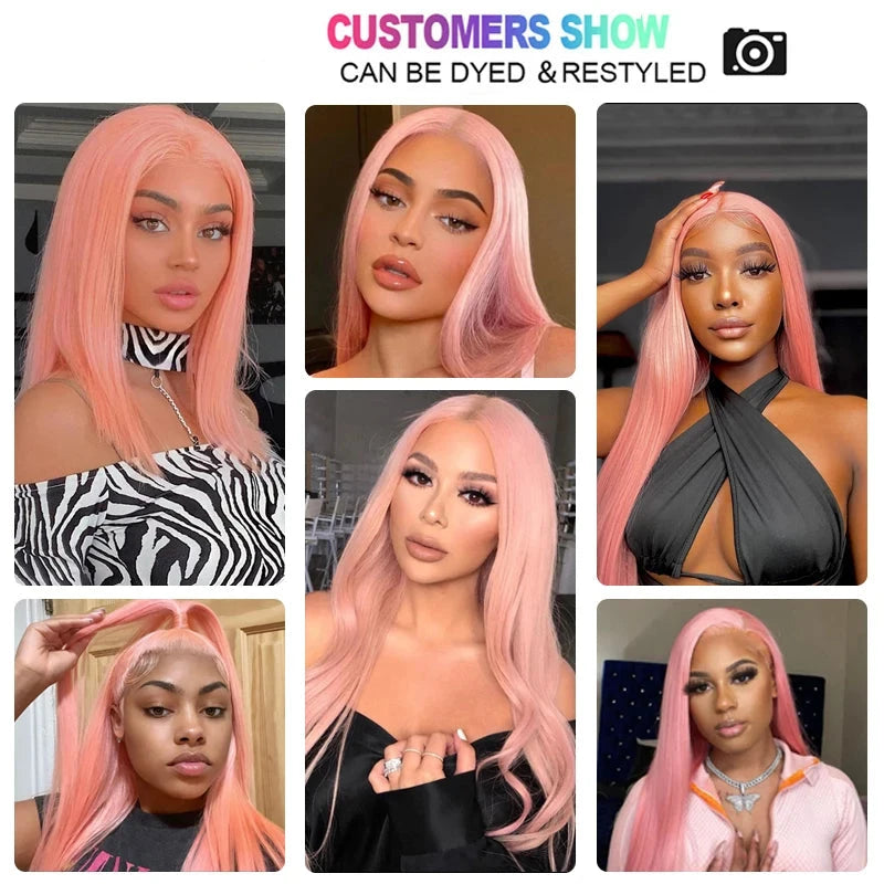 Pink Straight Brazilian Human Hair Lace Front Wig, Pre-Plucked