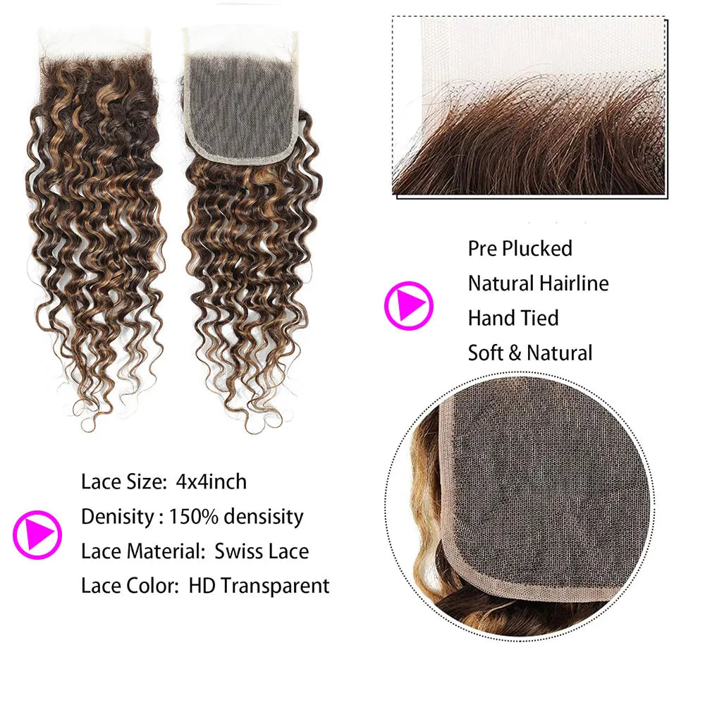 P4/27 Highlight Deep Wave Bundles w/Transparent Closure - Ombre Honey Blonde