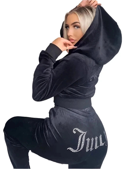 Juicy Long-Sleeve Hooded Suede 2pc Set