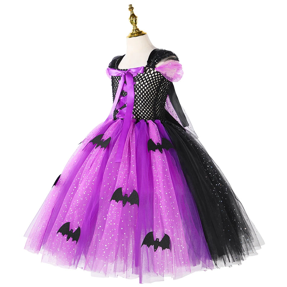 Halloween Girls LED Light Up Witch Costume Bat Tutu Dress Cosplay Carnival Disguise Party Toddler Kids Handmade Ball Gowns Dress